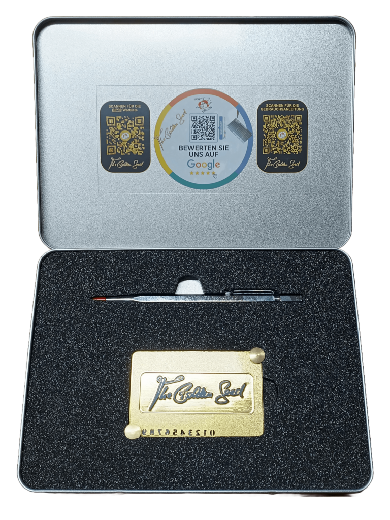 The Golden Seed eine schweizer Steelwallet, die Ihre Seed Phrase und Ihren Private Key im Kryptobereich sicher für die Ewigkeit aufbewahrt.